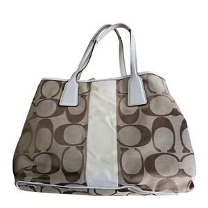 Coach F13533 Signature Leather Stripe Tote Carryall Logo Canvas Purse Handbag LN